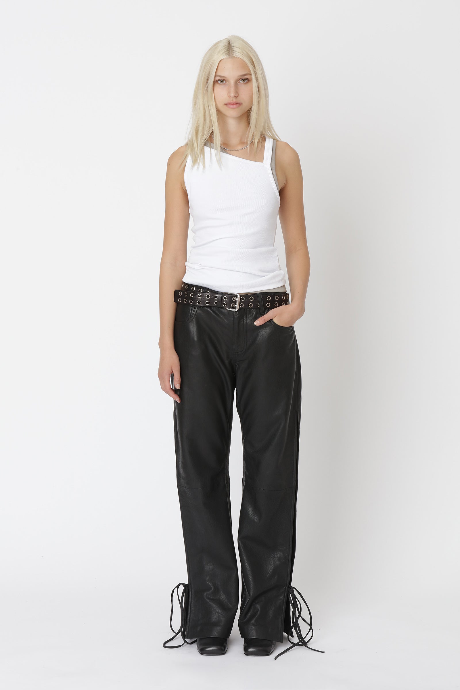 Won Hundred Women Baggy String Leather Trousers Trousers Black