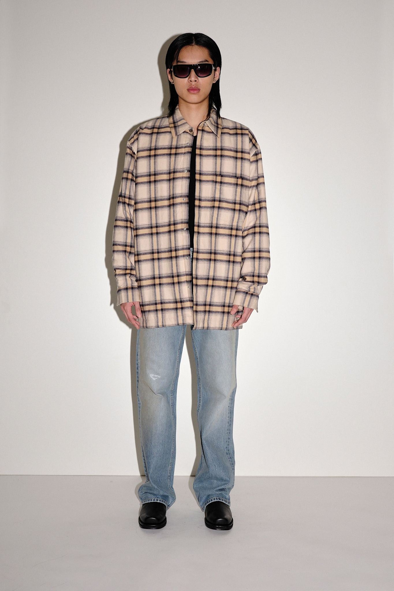 Won Hundred Men Maza Long Check Shirt Jacket Camel Check
