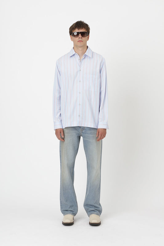 Won Hundred Men Penzo Stripe Shirt Blue Red Stripe