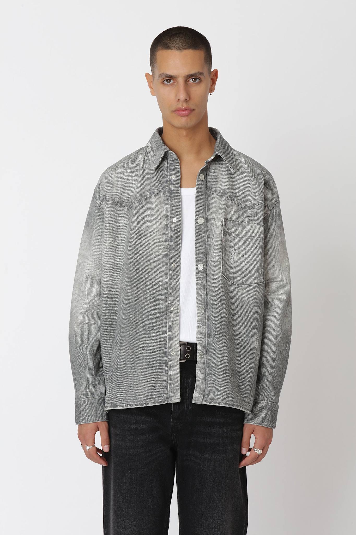 Won Hundred Men Zayne Printed Denim Shirt Denim Digital and Rinse Grey